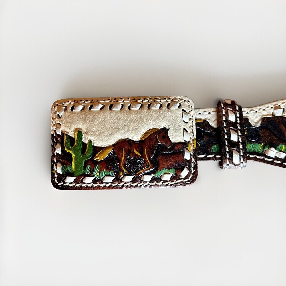 Sheyenne Mena Arkansas Handmade Leather Belt Size 26 Horses Cactus Brown VTG - Picture 2 of 9